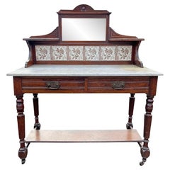 Antique Marble Top Washstand Tile Back With Mirror Decorative Console Table
