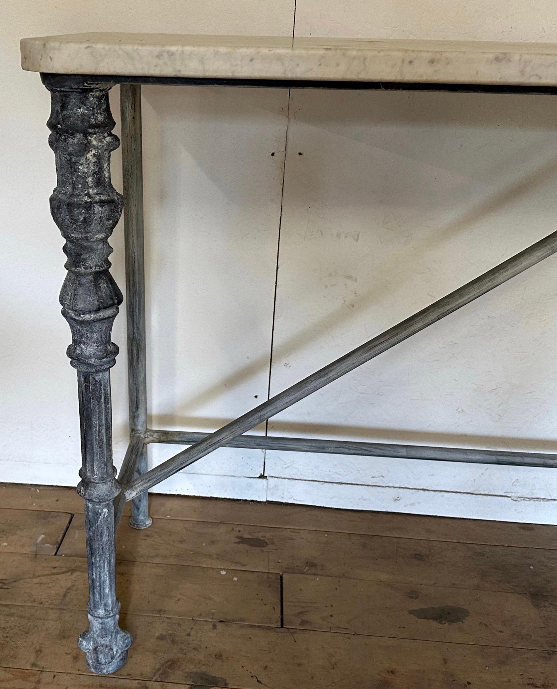 Cast Antique Marble Top and Metal Base Console Table