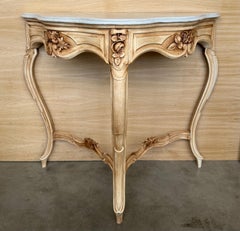 Antique Marble Topped Antique White Cream Carved Console Table