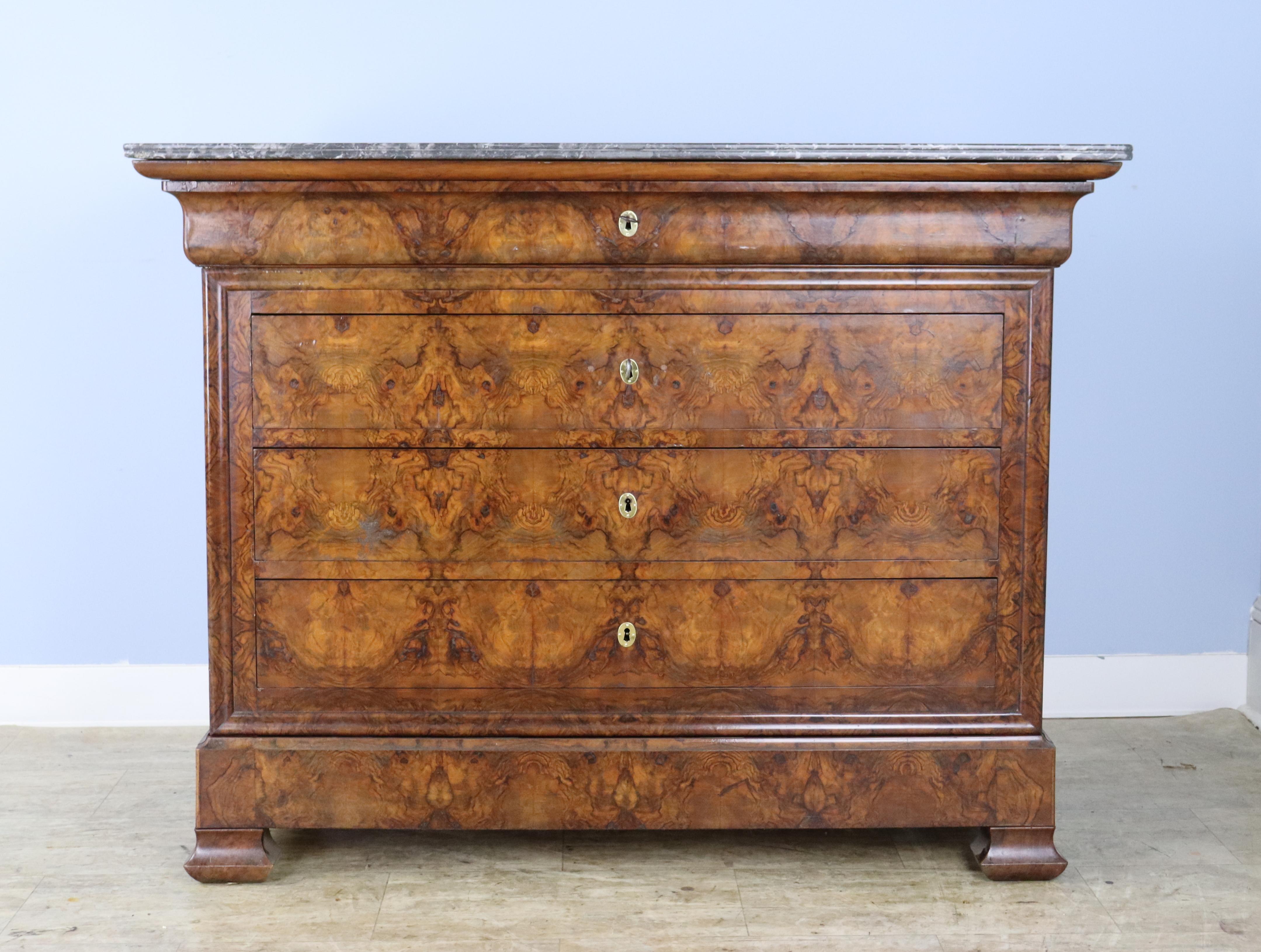 French Antique Marble Topped Burr Elm Commode, Dramatic Matchbook Veneer For Sale