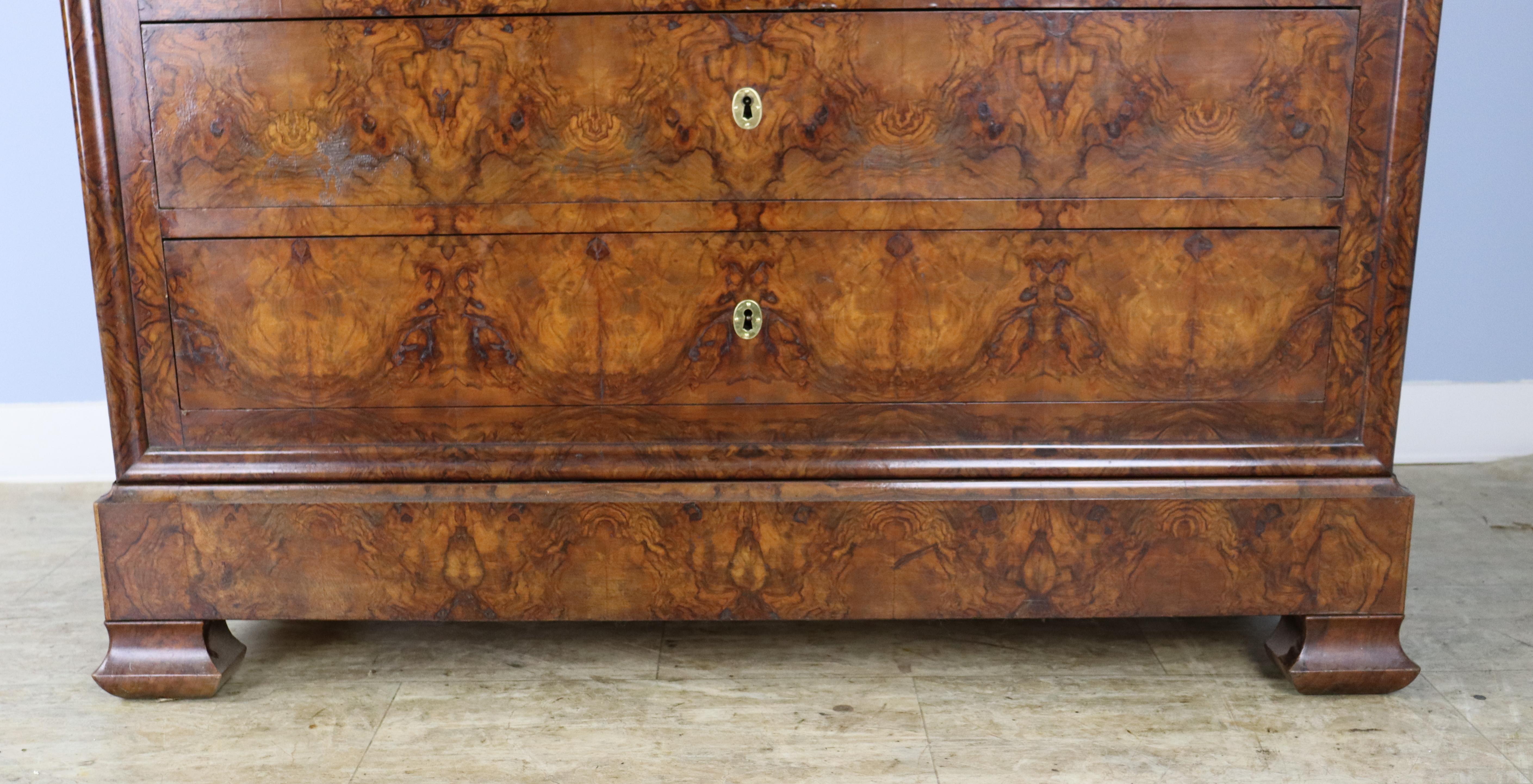 19th Century Antique Marble Topped Burr Elm Commode, Dramatic Bookmatched Veneer For Sale