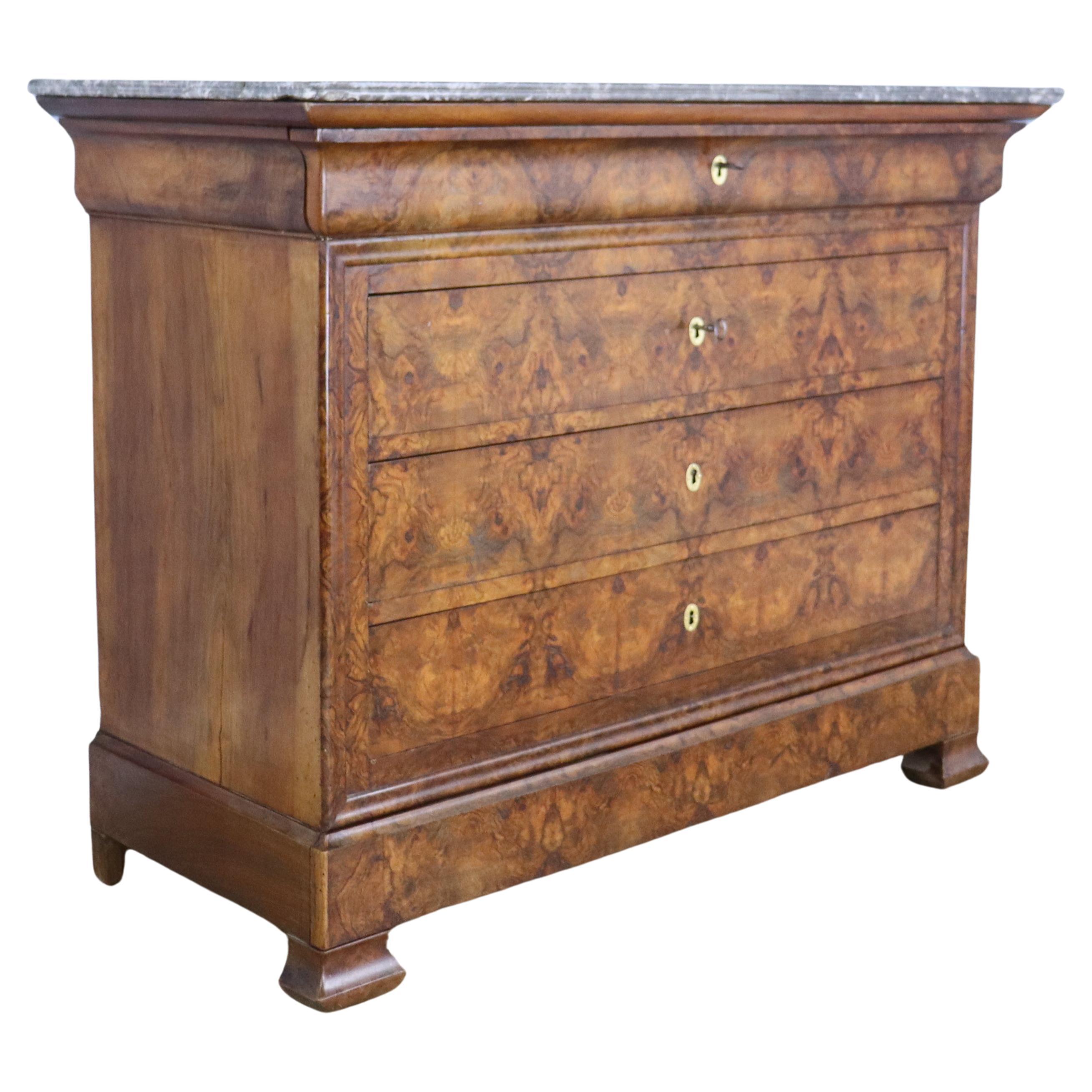 Antique Marble Topped Burr Elm Commode, Dramatic Bookmatched Veneer For Sale