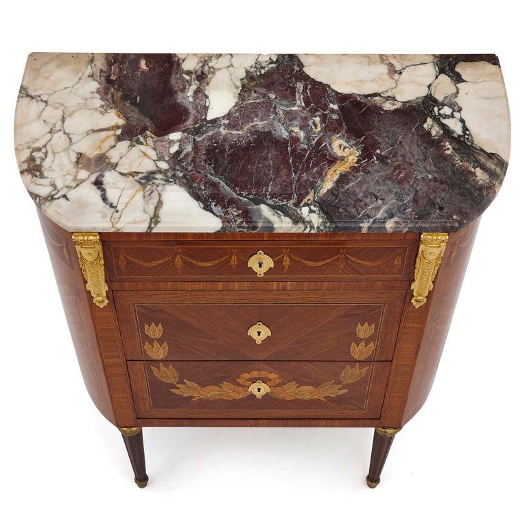 French Antique Marble Topped Hardwood Dresser with Neoclassical Marquetry For Sale