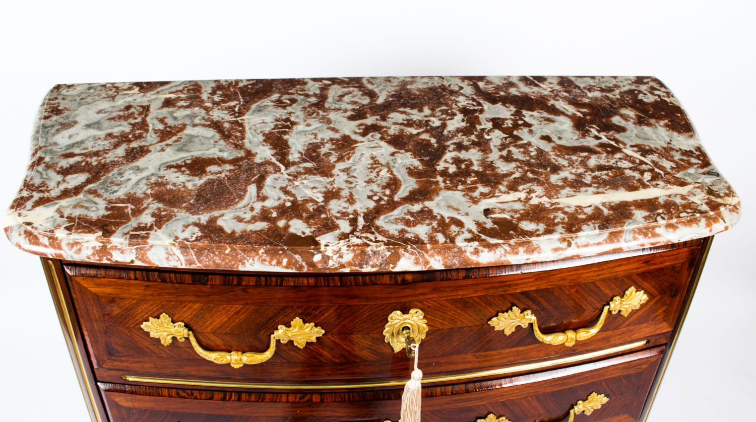 French Antique Marble Topped Ormolu-Mounted Goncalo Alves Commode Chest, 19th Century