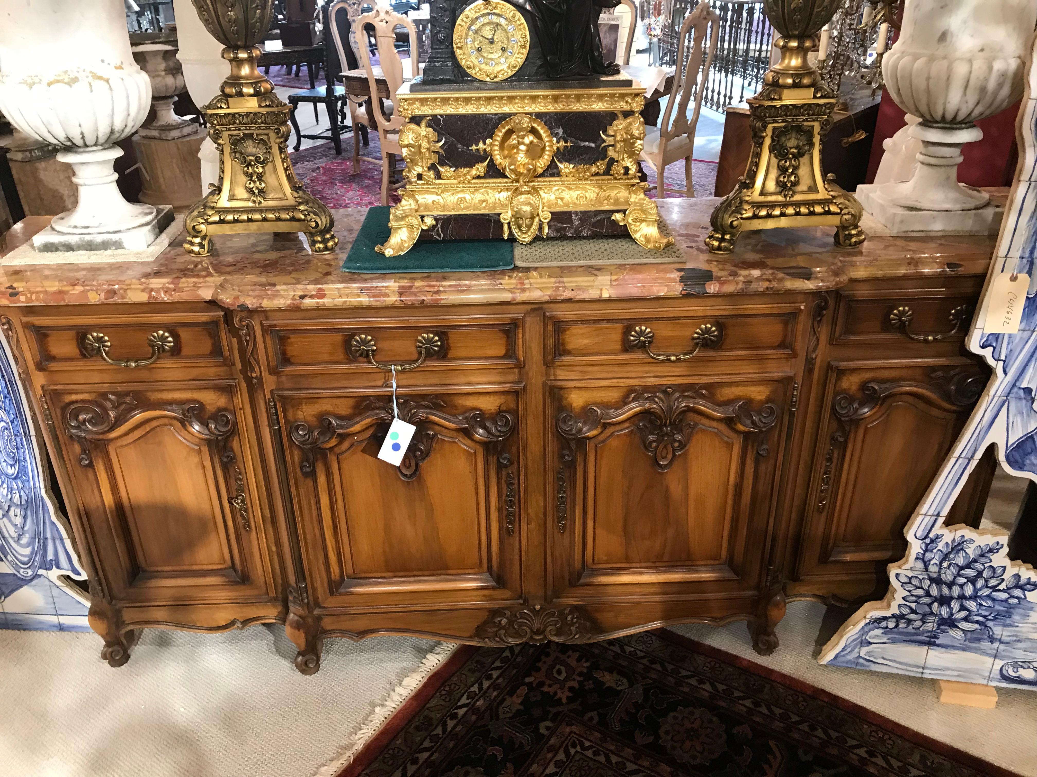 French hand-carved sideboard with Breche D'Alep marble top