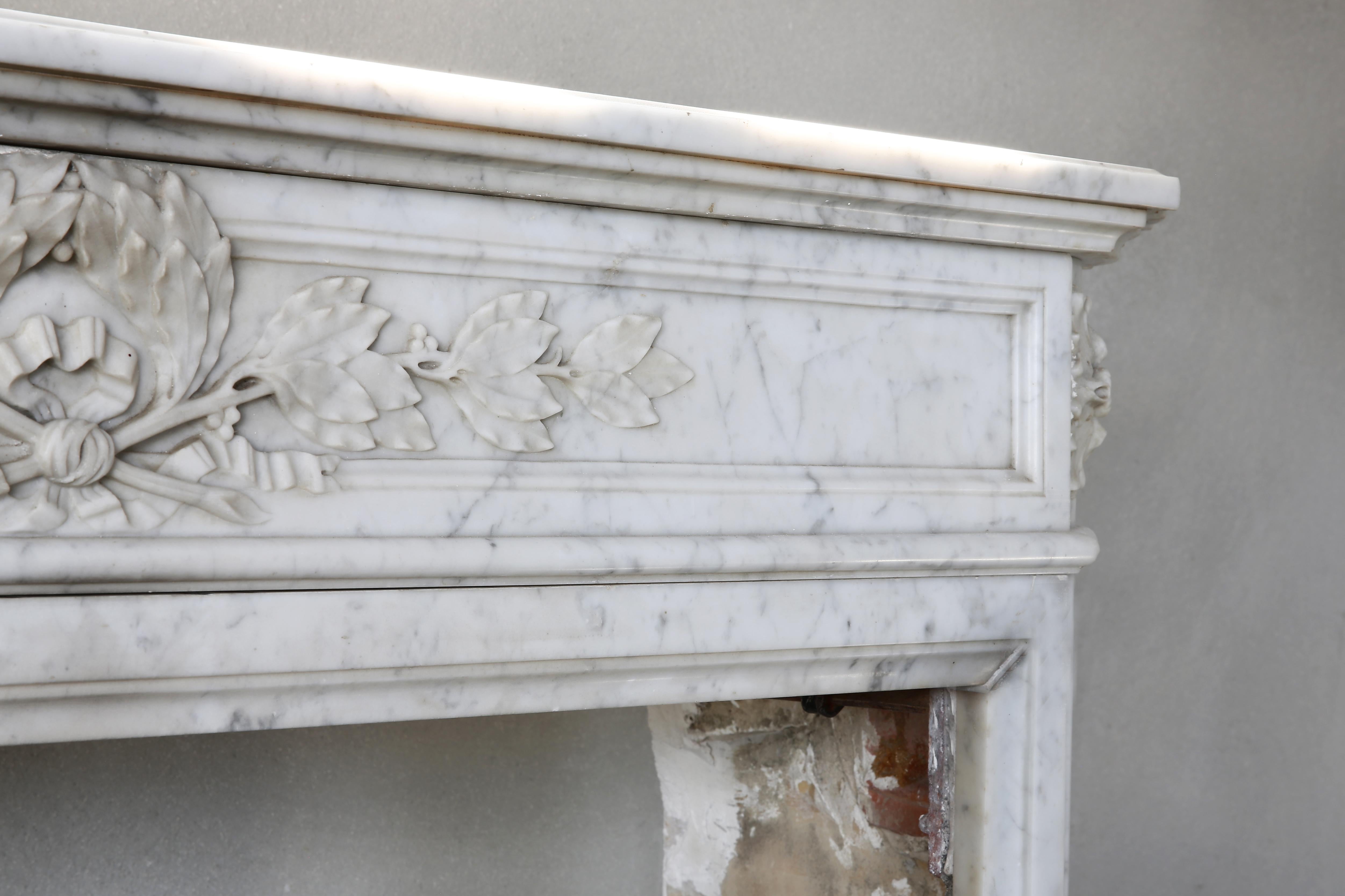 French Antique Marble White Fireplace, 19th Century, Louis XVI