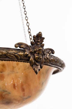 Antique Marbled French Alabaster Plafonnier Brass Ceiling Light Pendant, C.1900