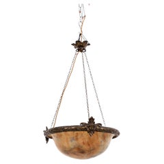 Antique Marbled French Alabaster Plafonnier Brass Ceiling Light Pendant, C.1900