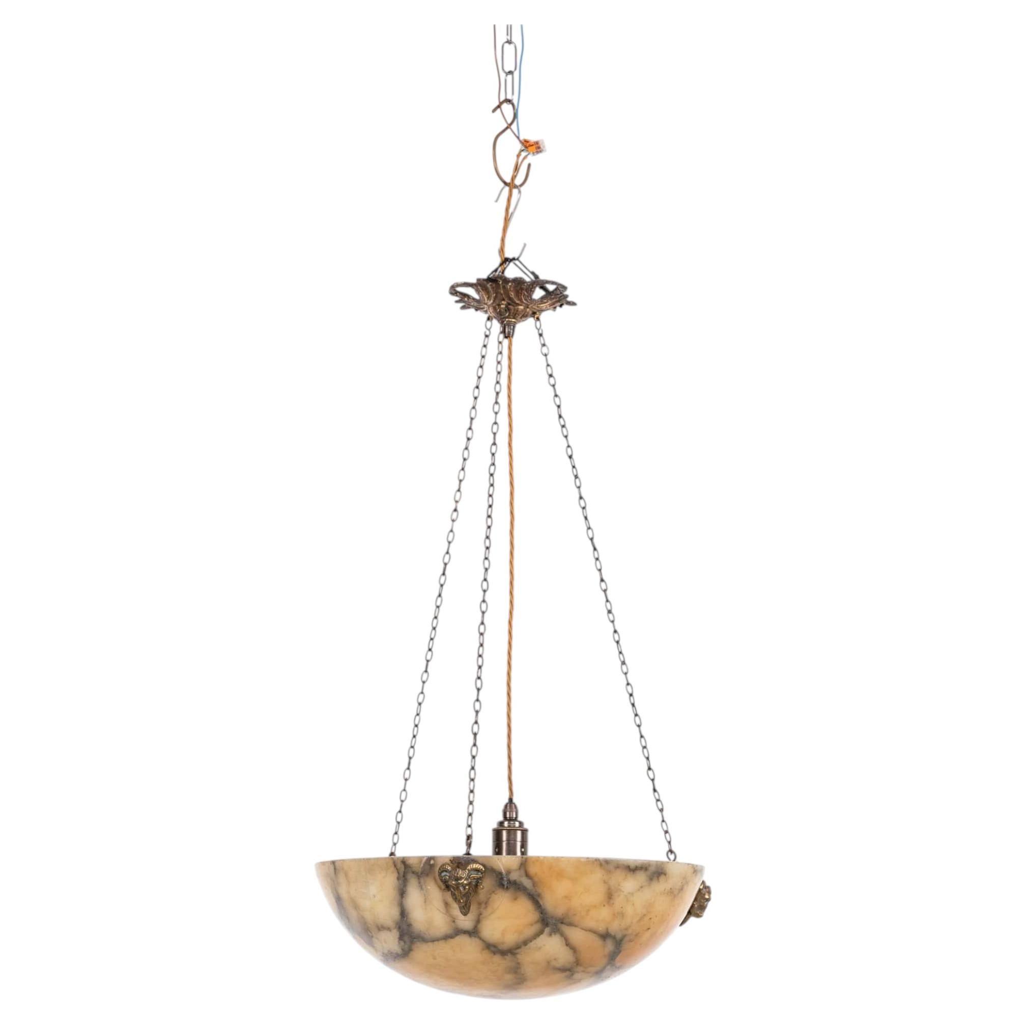 Antique Marbled French Alabaster Plafonnier Ceiling Light Pendant, C.1900
