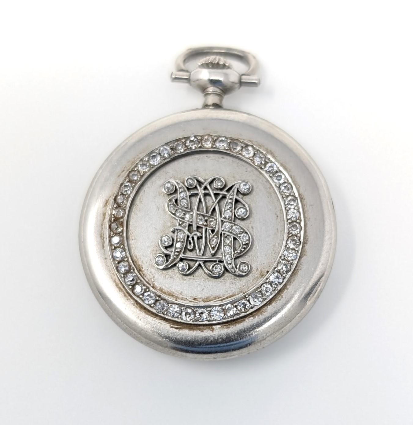 Antiguo Reloj de Bolsillo Marcus & Co Platino Diamante Monograma de cuerda vintage en venta 1