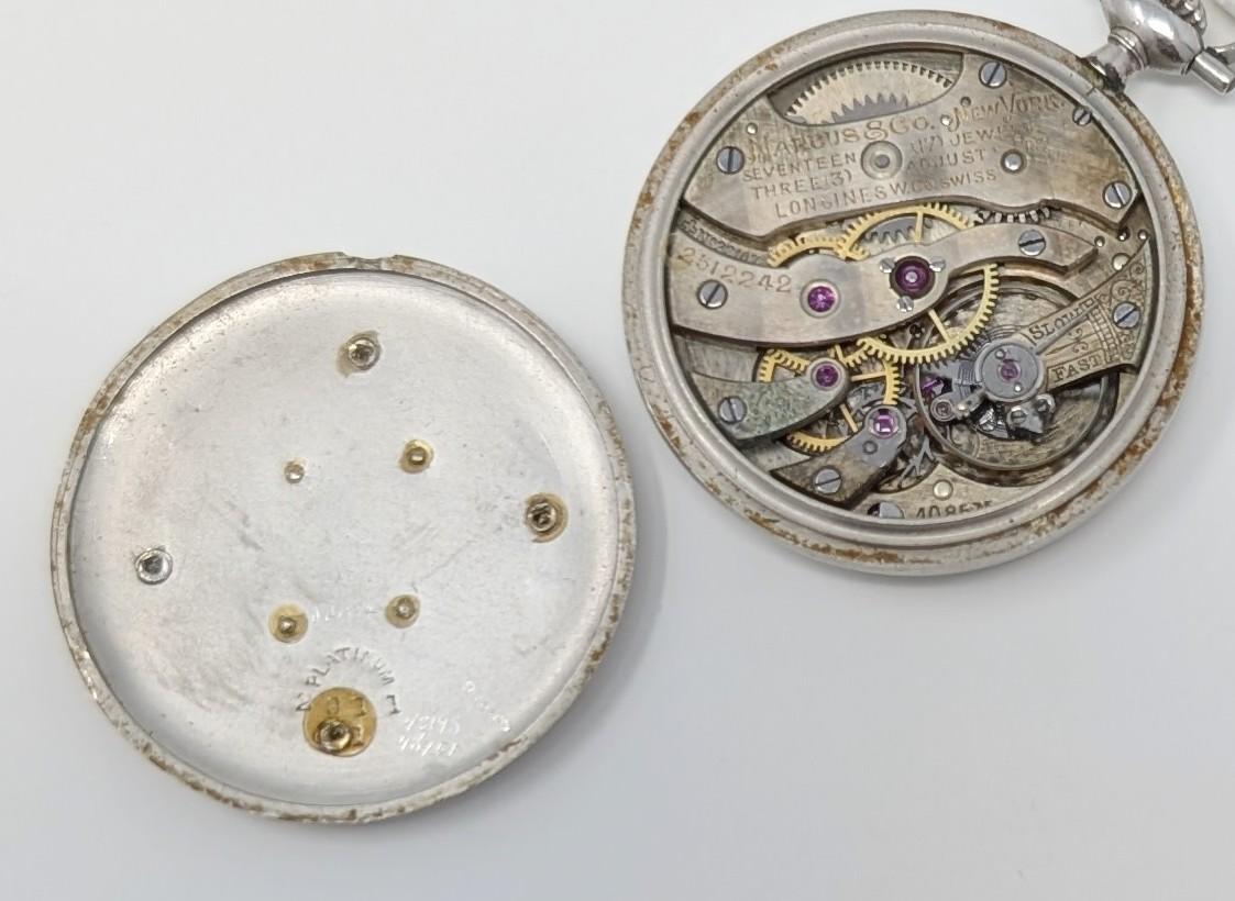 Antiguo Reloj de Bolsillo Marcus & Co Platino Diamante Monograma de cuerda vintage en venta 2