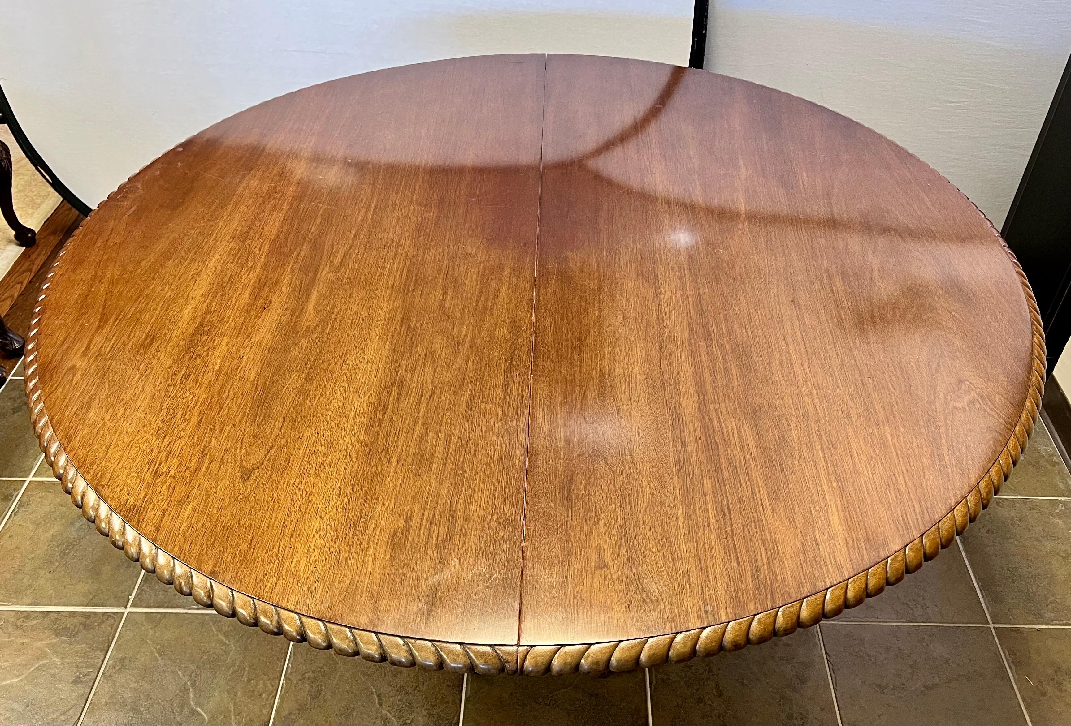 Rare, high quality mahogany dining table painstakingly handcrafted by the Nathan Margolis Shop of Hartford, CT during the early part of the 20th century. It features carved edge detail and carved double pedestals terminating into ball and claw feet.