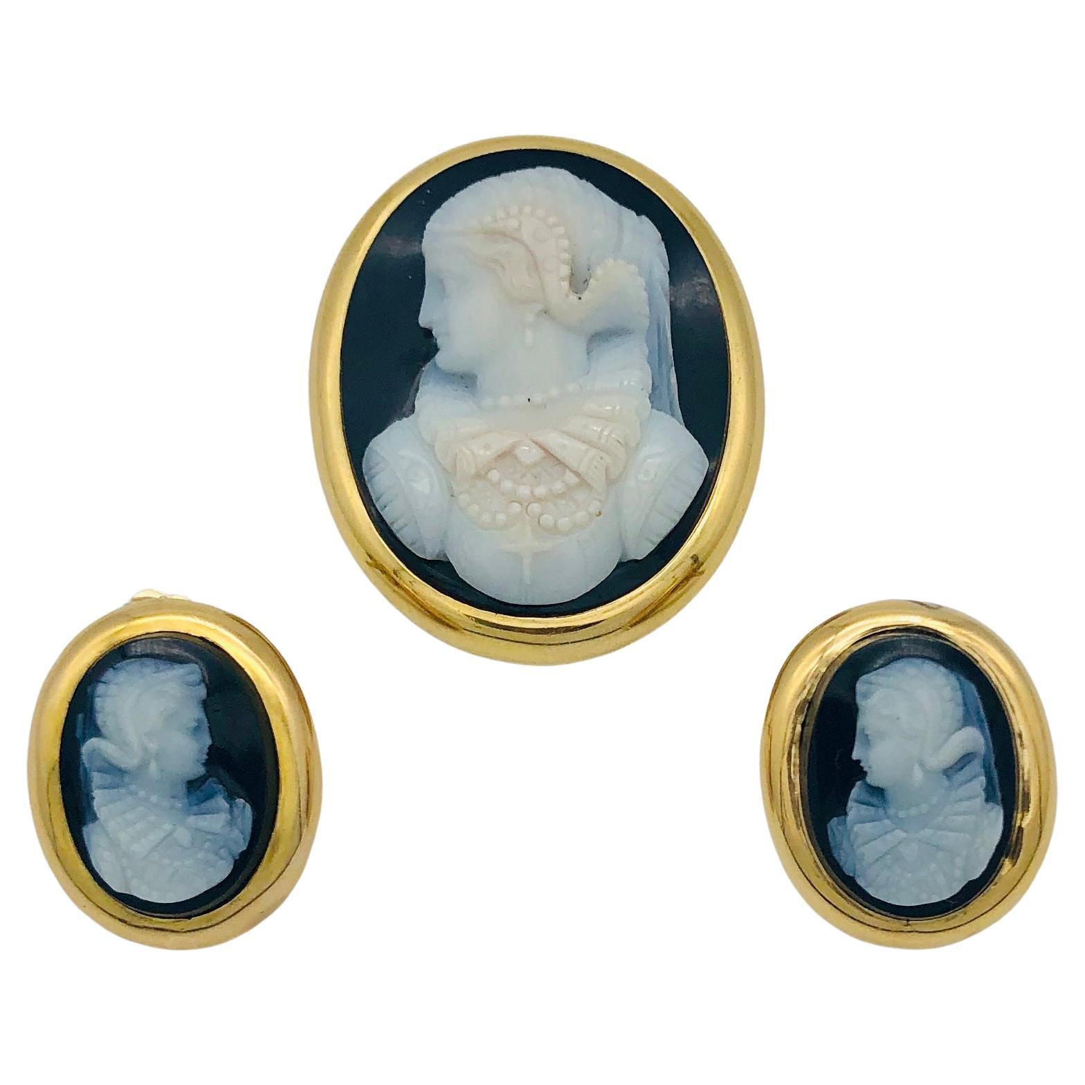 Boucles d'oreilles broche Demi Parure anciennes Maria Stuart en camée sardonyx