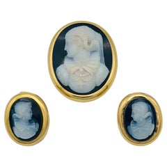 Antique Maria Stuart Sardonyx Cameo Demi Parure Brooch Earrings