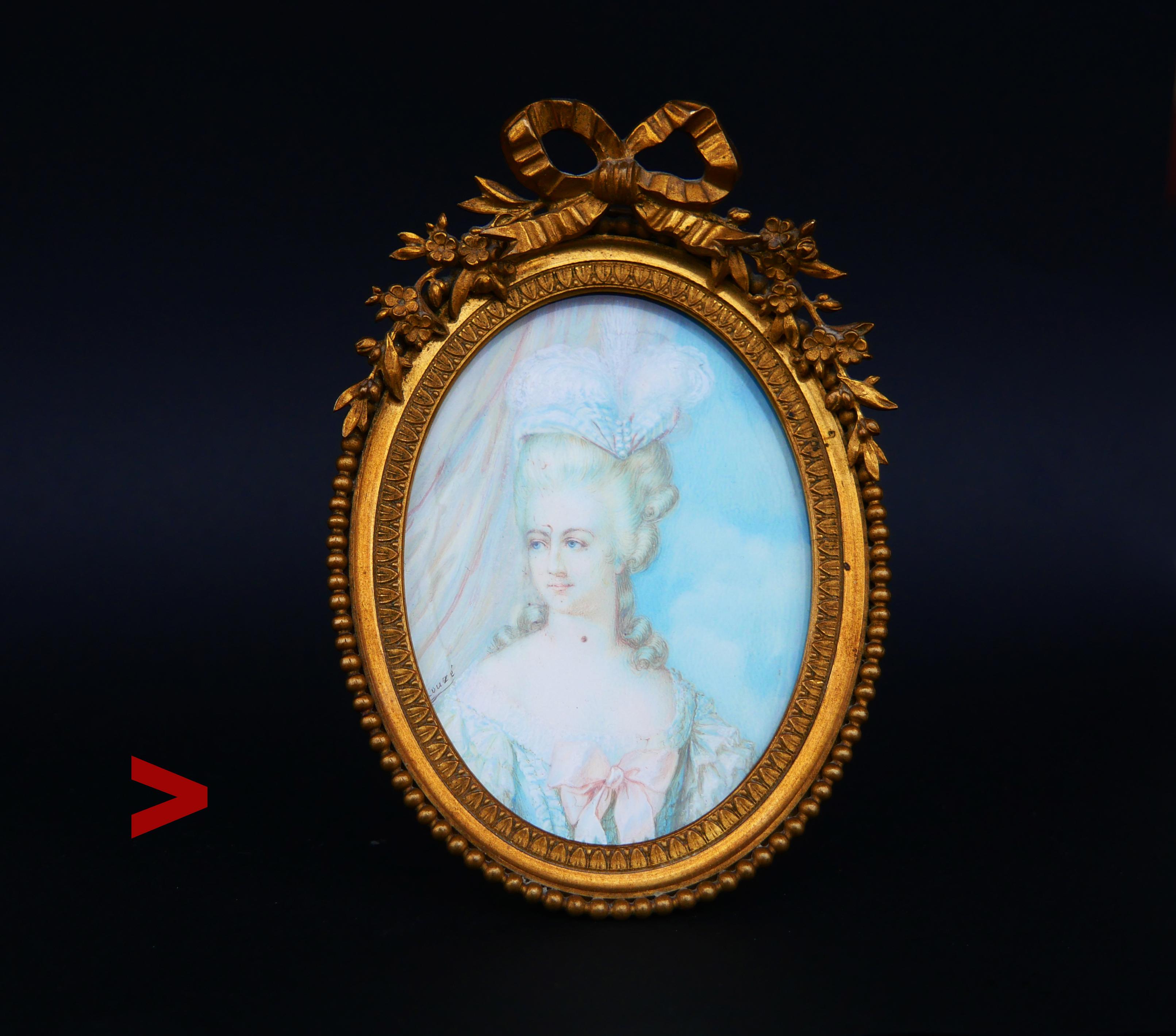 Fine hand-painted depiction of Marie Antoinette, wife of French King Louis XVI, the last Queen of France before the French Revolution.

This painting dates ca. 19th century, very likely French. Tempera, signed Rouze. Original Glass plate and gilt