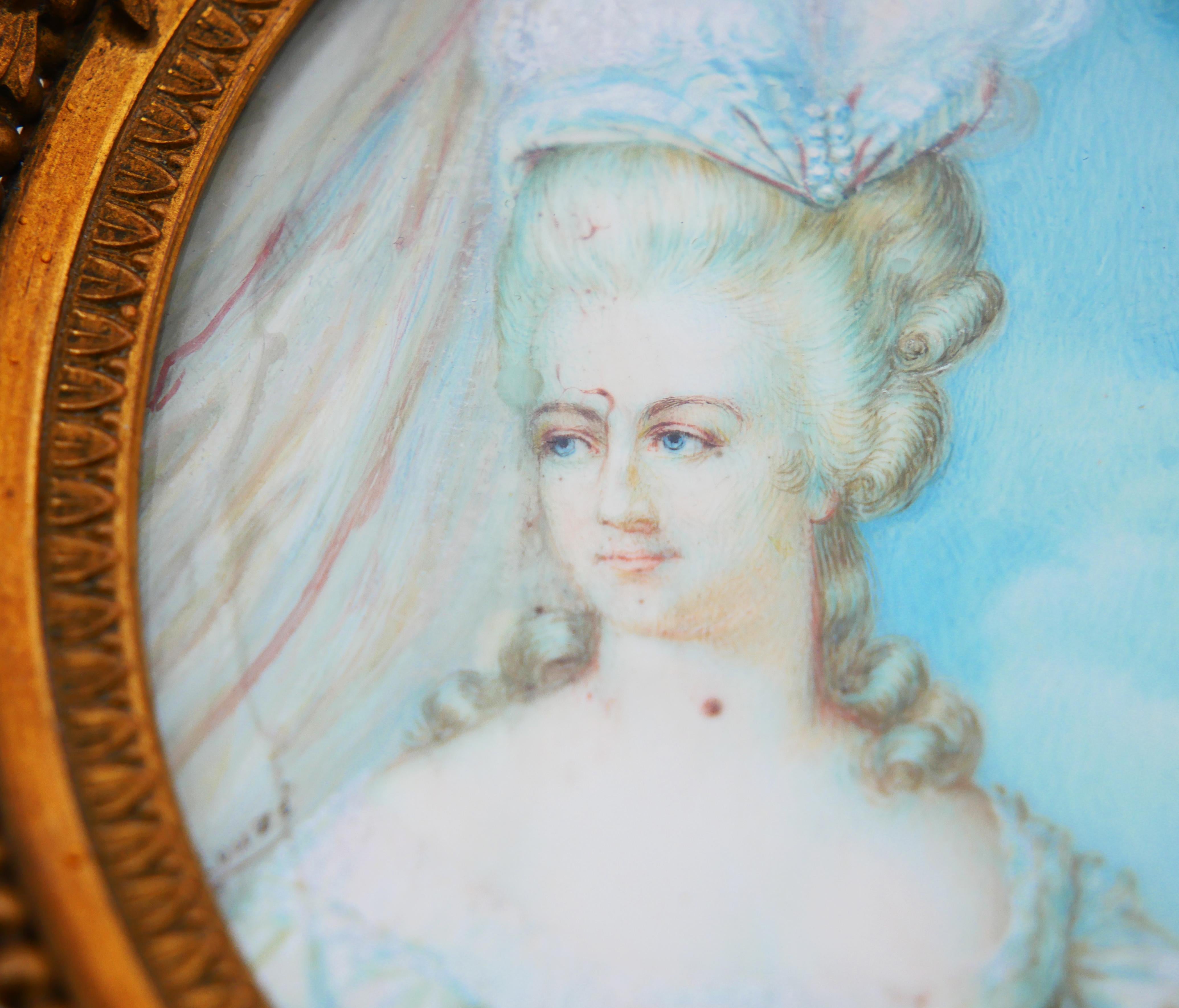 Late 19th Century Antique Marie Antuanette Miniature Portrait Tempera Painting For Sale