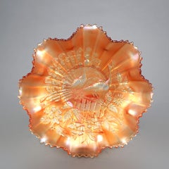 Antique Marigold Carnival Glass Bowl with Peacock on a Fence Pattern C1910