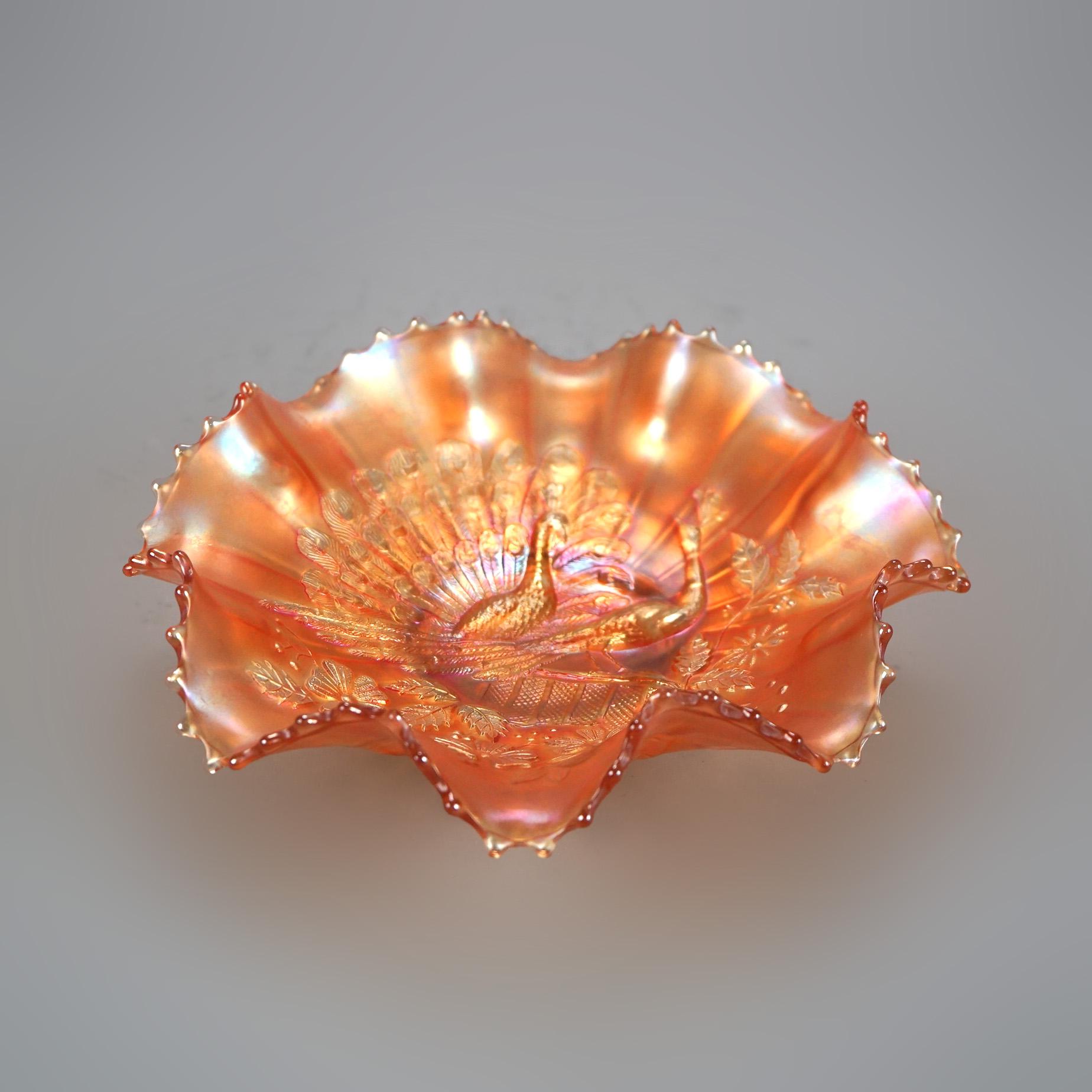 Antique Marigold Carnival Glass Bowl with Peacock on a Fence Pattern C1910 In Good Condition In Big Flats, NY
