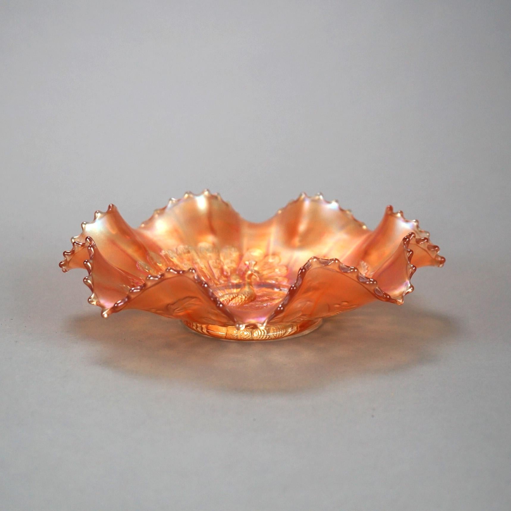 20th Century Antique Marigold Carnival Glass Bowl with Peacock on a Fence Pattern C1910