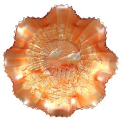 Antique Marigold Carnival Glass Bowl with Peacock on a Fence Pattern C1910