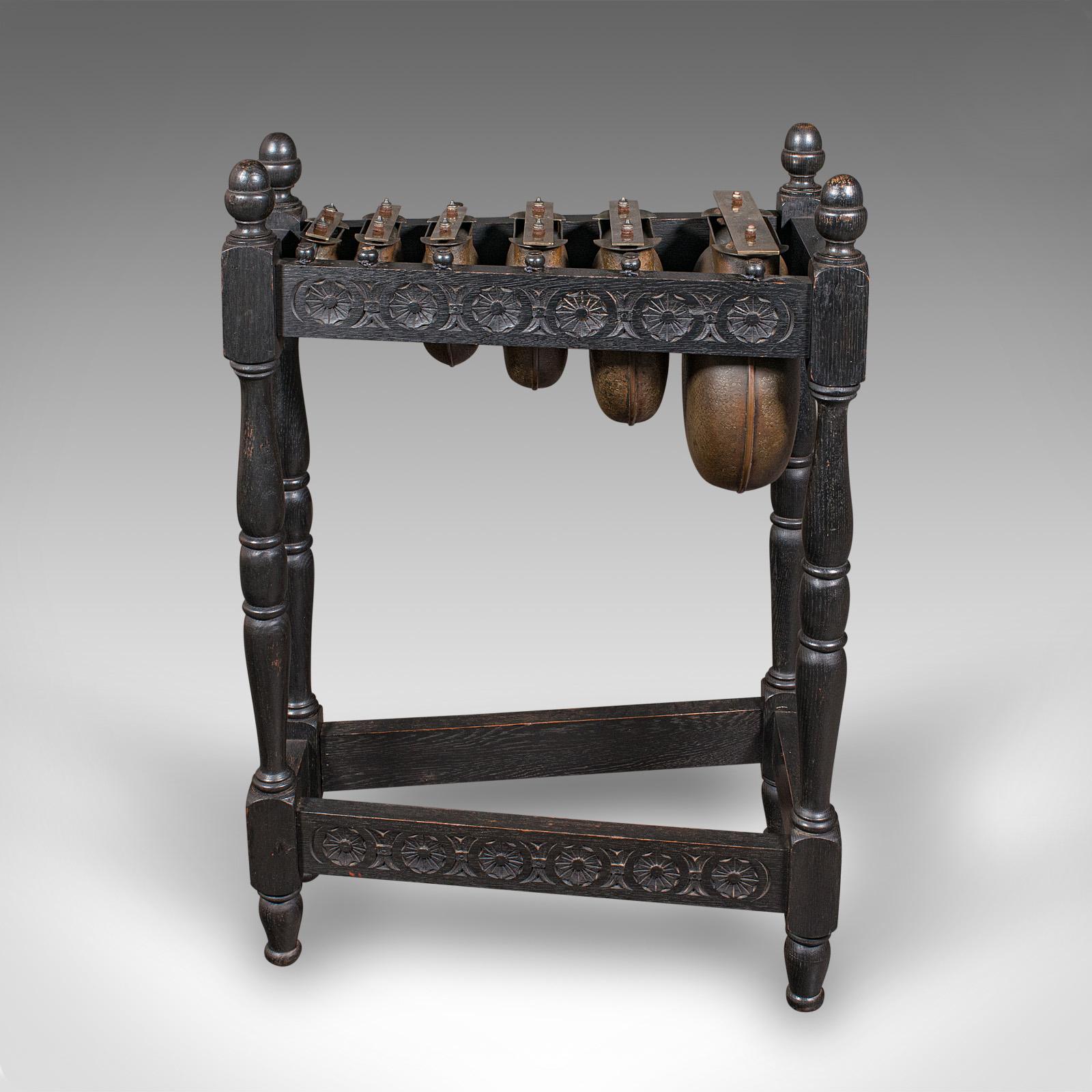 British Antique Marimbaphone, English Brass, Oak, Musical Instrument, Glockenspiel, 1920 For Sale