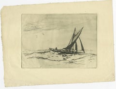 Antique Marine Etching Fishing Boat at Sea - Nelson Dawson, British - ca.1910