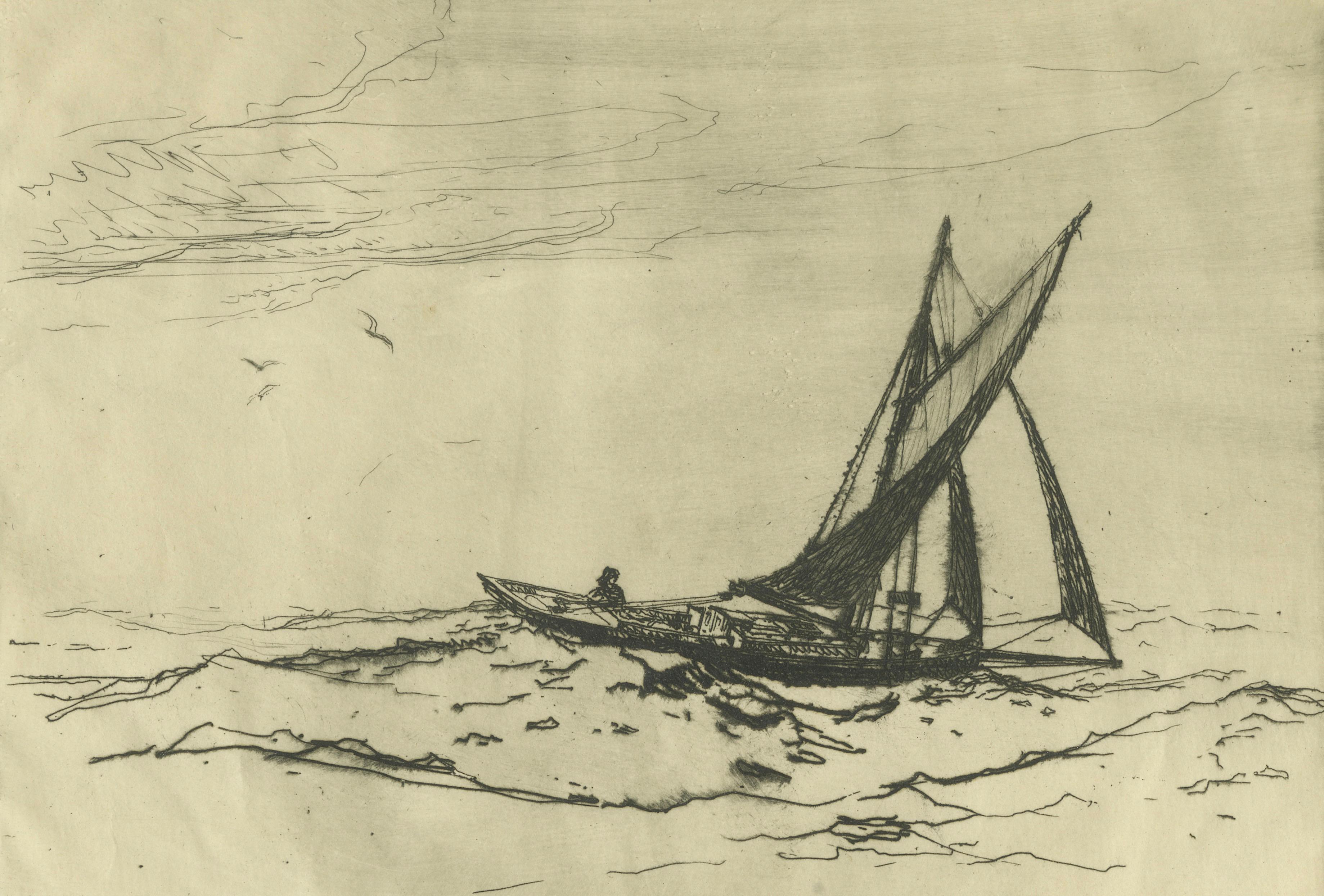 Antique Marine Etching Fishing Boat at Sea - Nelson Dawson, British - ca.1910