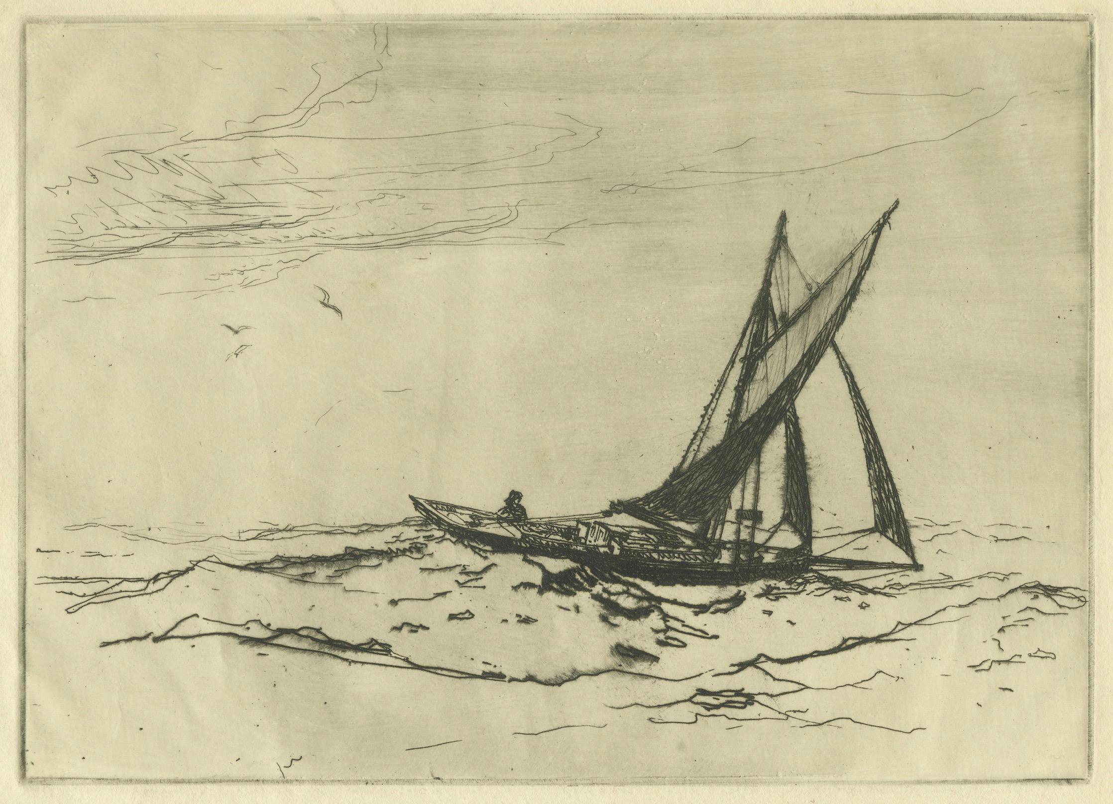 Antique Marine Etching Fishing Boat at Sea - Nelson Dawson, British - ca.1910