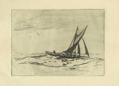 Antique Marine Etching Fishing Boat at Sea - Nelson Dawson, British - ca.1910