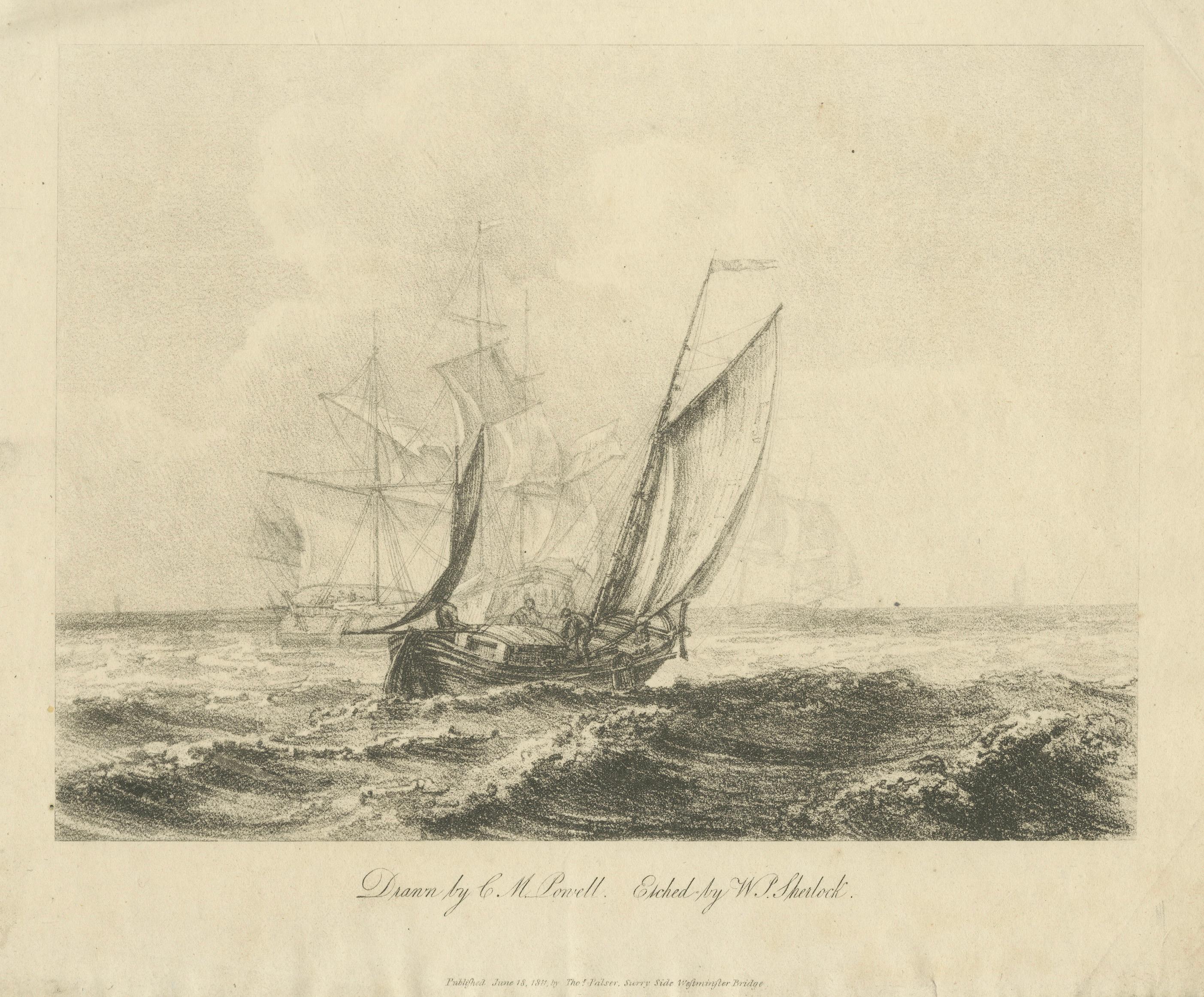 Antique Marine Etching, Fishing Boats at Sea, Powell & Sherlock, 1811