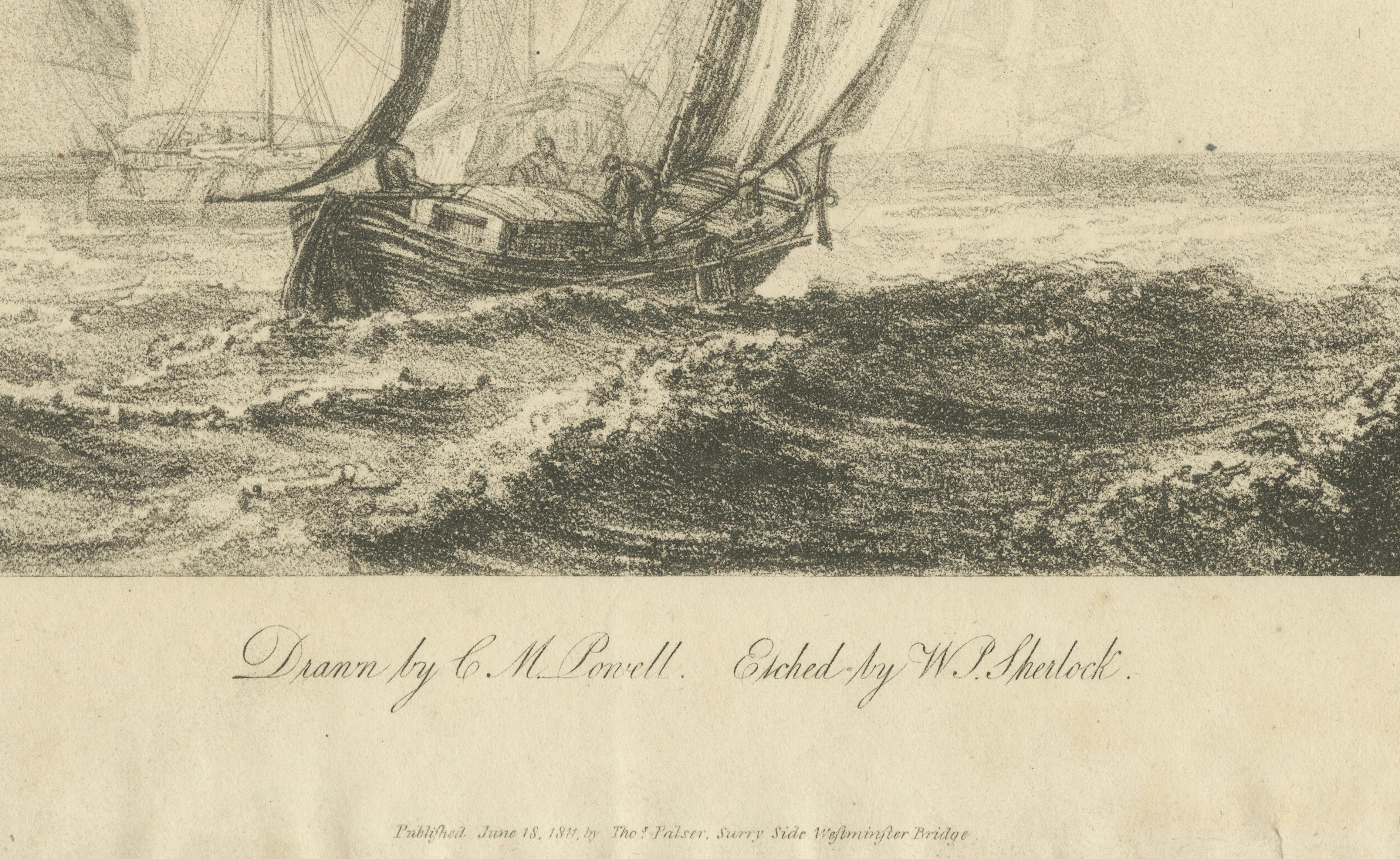 Antique Marine Etching, Fishing Boats at Sea, Powell & Sherlock, 1811