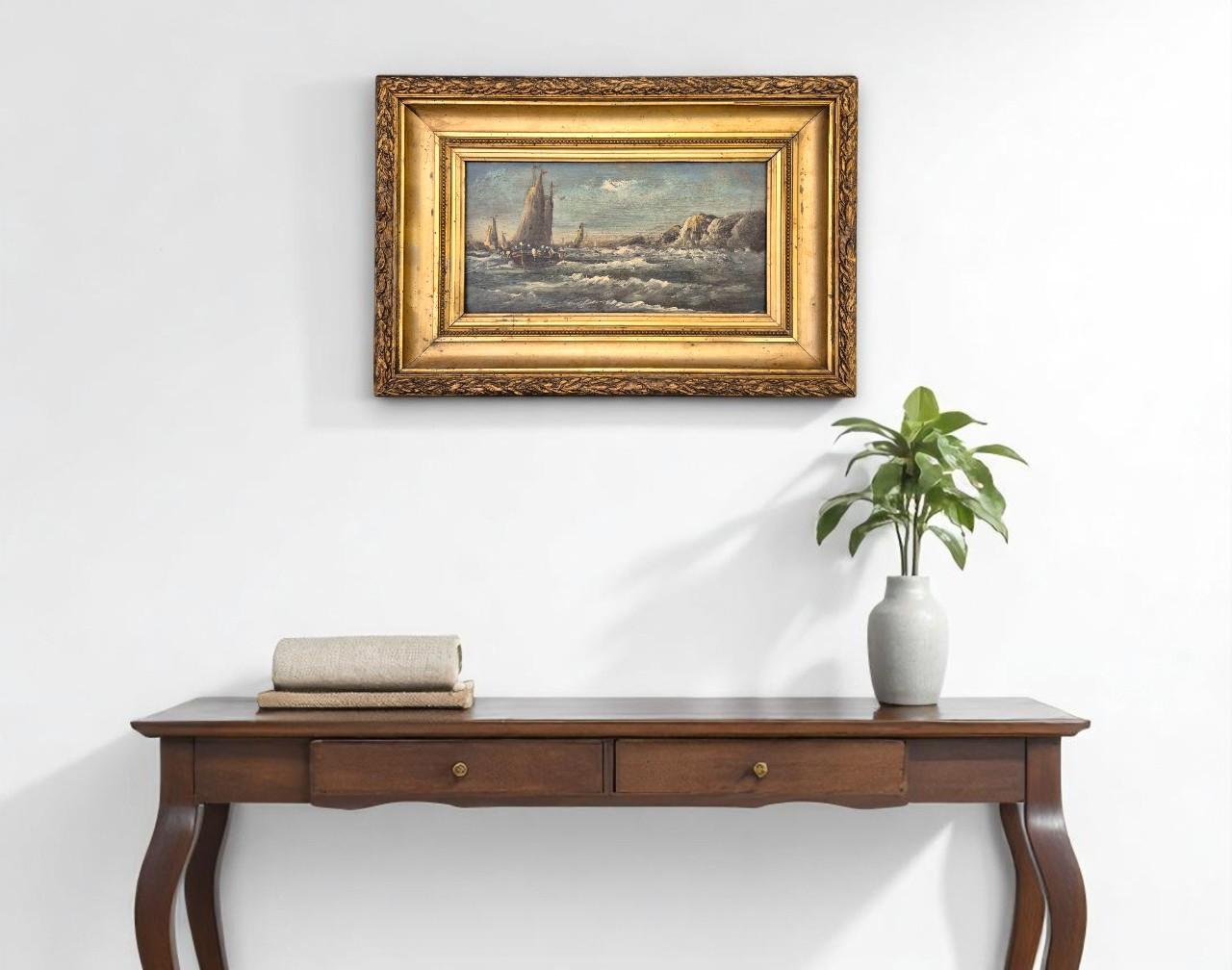 A dynamic 19th-century French marine oil painting depicting traditional fishing boats returning to shore through choppy coastal waters. This evocative seascape, likely painted along the rugged northern coast of France—possibly Brittany or