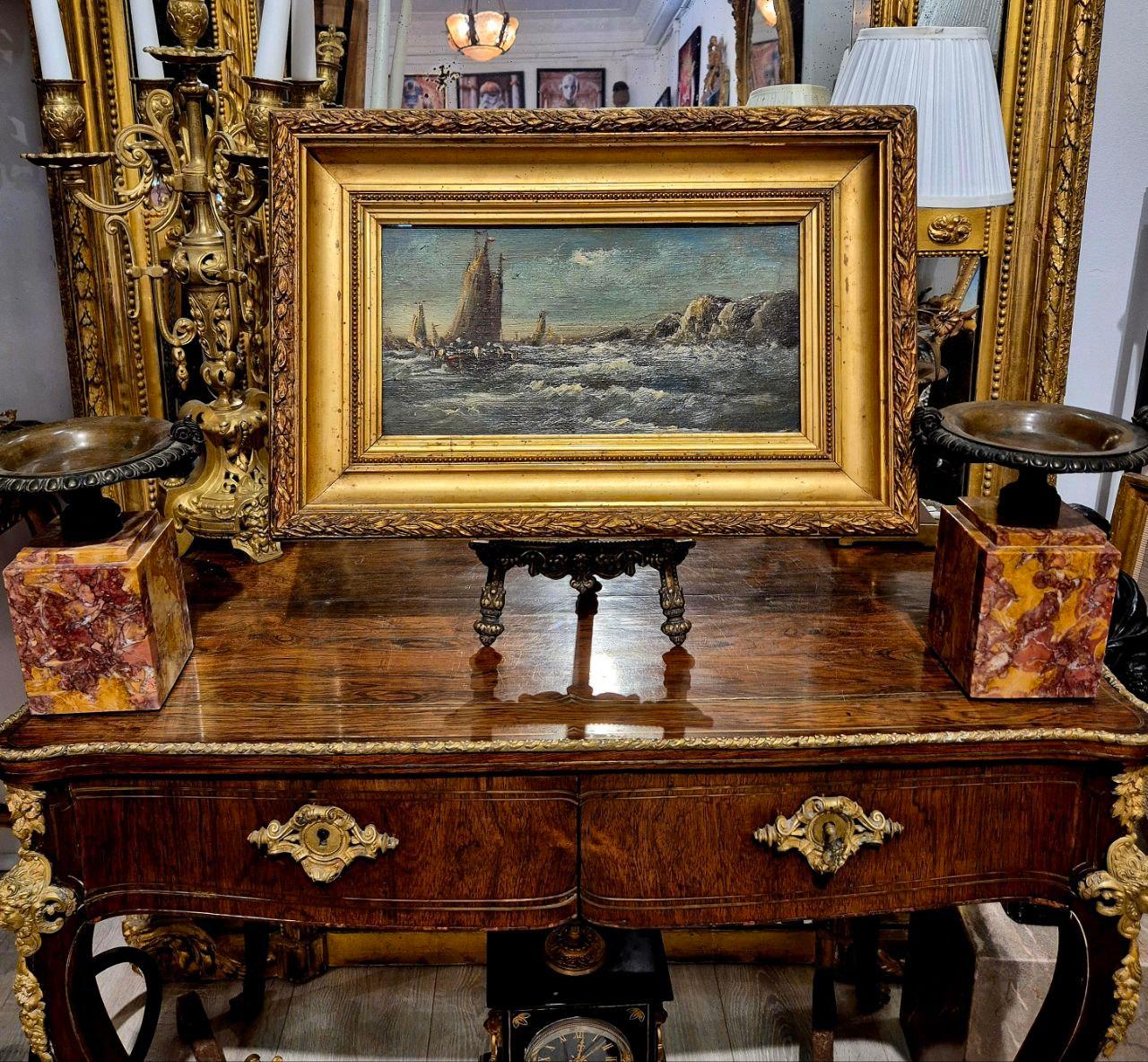 Napoleone III Antique Marine Oil Painting in Giltwood Frame, 19th Century in vendita