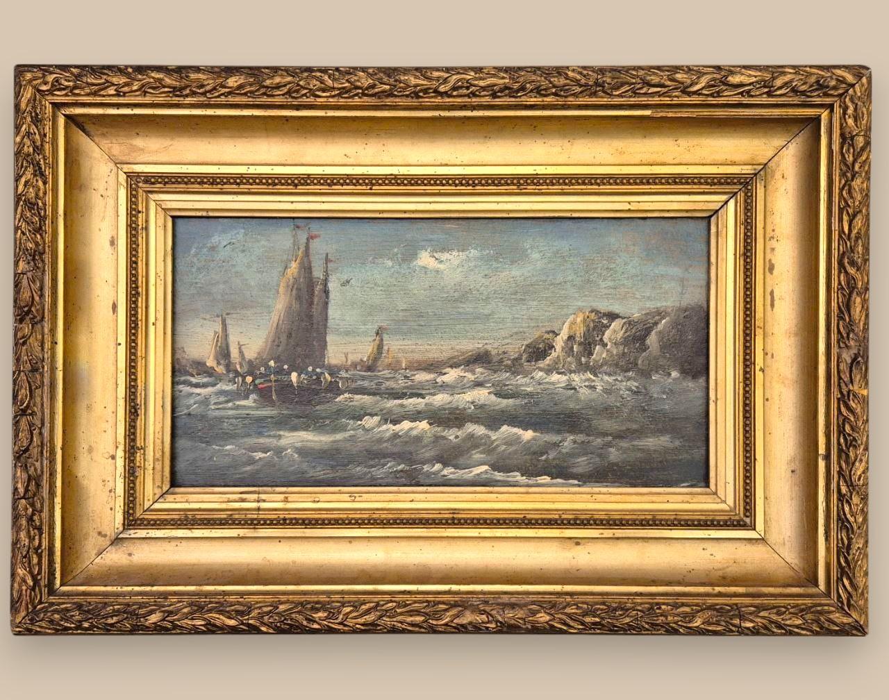 Francese Antique Marine Oil Painting in Giltwood Frame, 19th Century in vendita