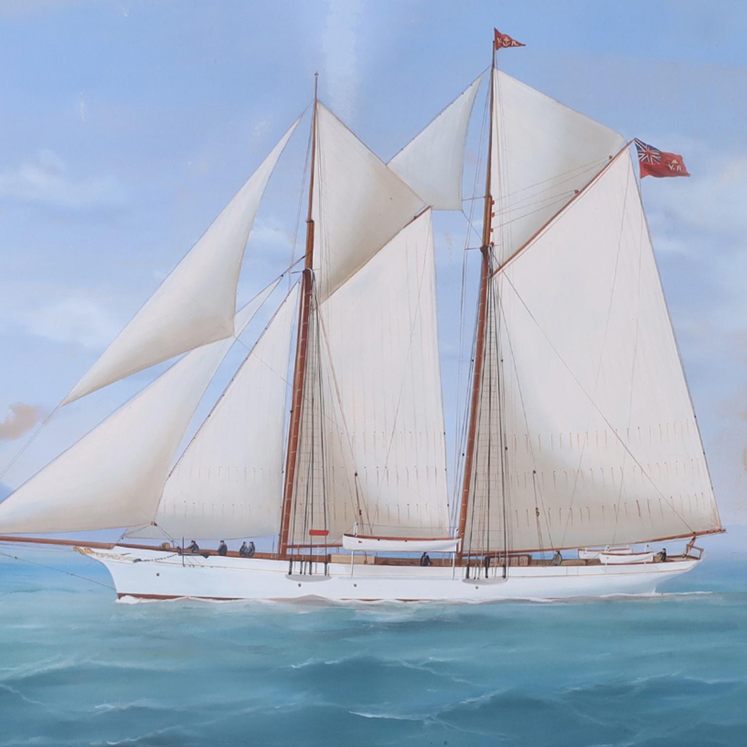 19th century painting of a Yacht, flying a British flag and named 