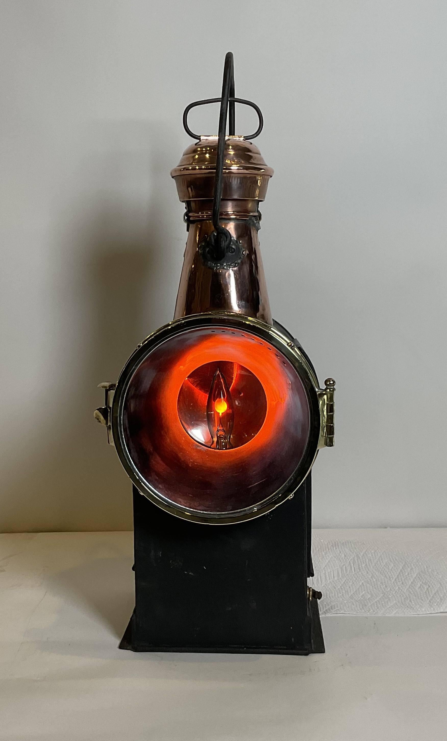 Marine and railway signal lantern by Noted French maker. The embossed makers badge reads Ch.G.Picard, inverter, 38r.R.Pascal, Paris, 1856. With copper chimney that is fitted with a vented cap. Iron carry handle. Hinged brass cow frame door. Lantern