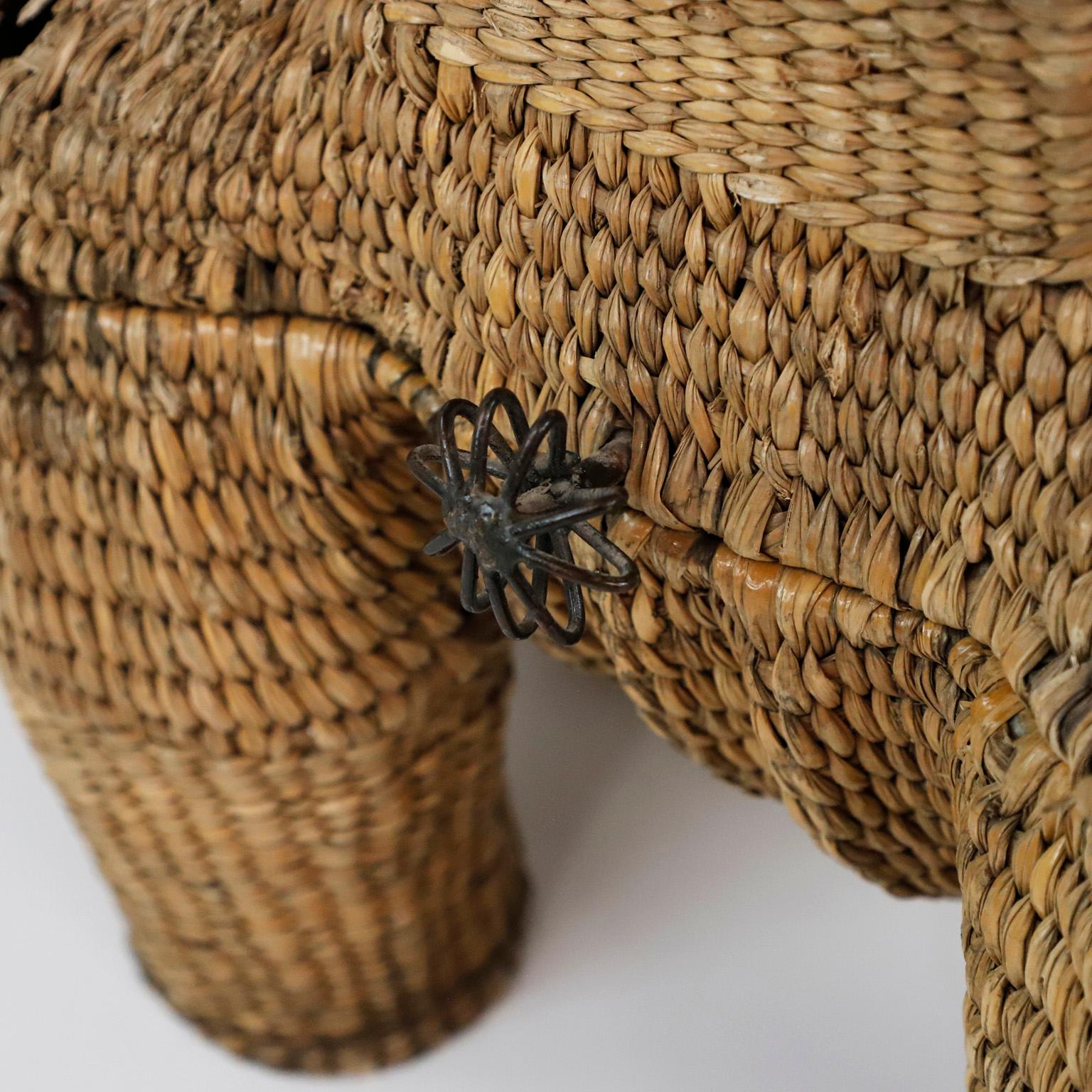 Circa 1970, we offer this Antique Original Mario Lopez Torres Elephant Box, made in natural woven and iron structure, includes original mark Mario Lopez Torres 1974 Hecho en Mexico.