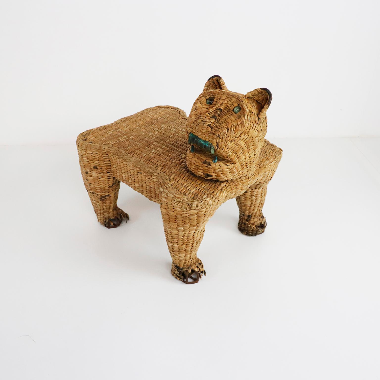 Circa 1970, we offer this Antique Mario Lopez Torres Jaguar Petite Stool, made in natural woven and iron structure, the eyes are made in precious stone.