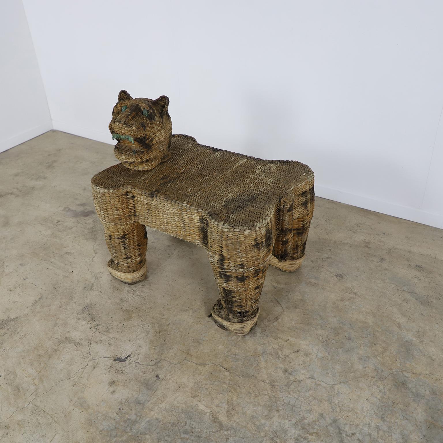 Circa 1970, we offer this Antique Mario Lopez Torres Jaguar Stool, made in natural woven and iron structure, the eyes are made in precious stone.