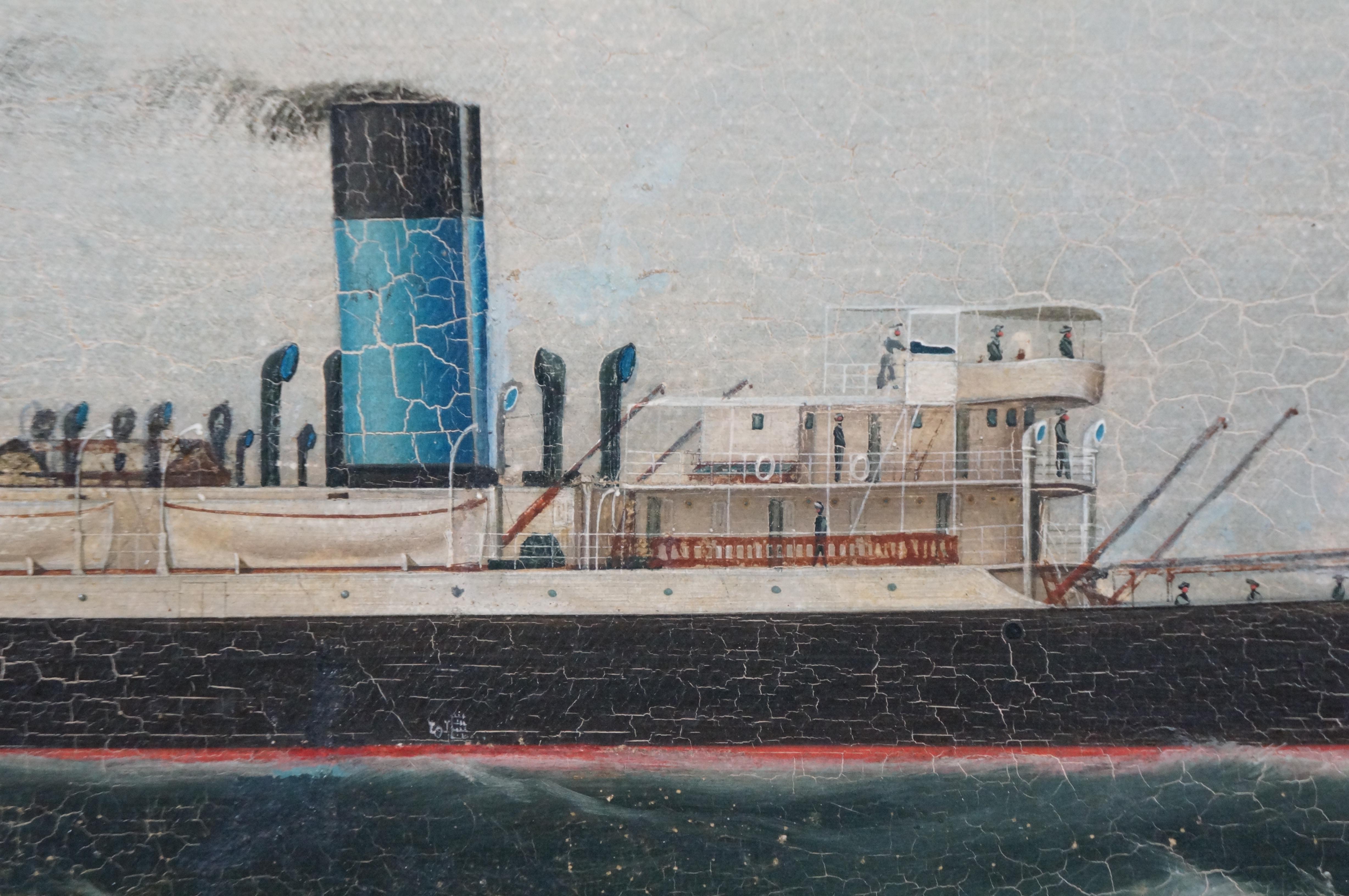 Antique British Steam Ship Seascape Oil Painting Birdseye Maple 27