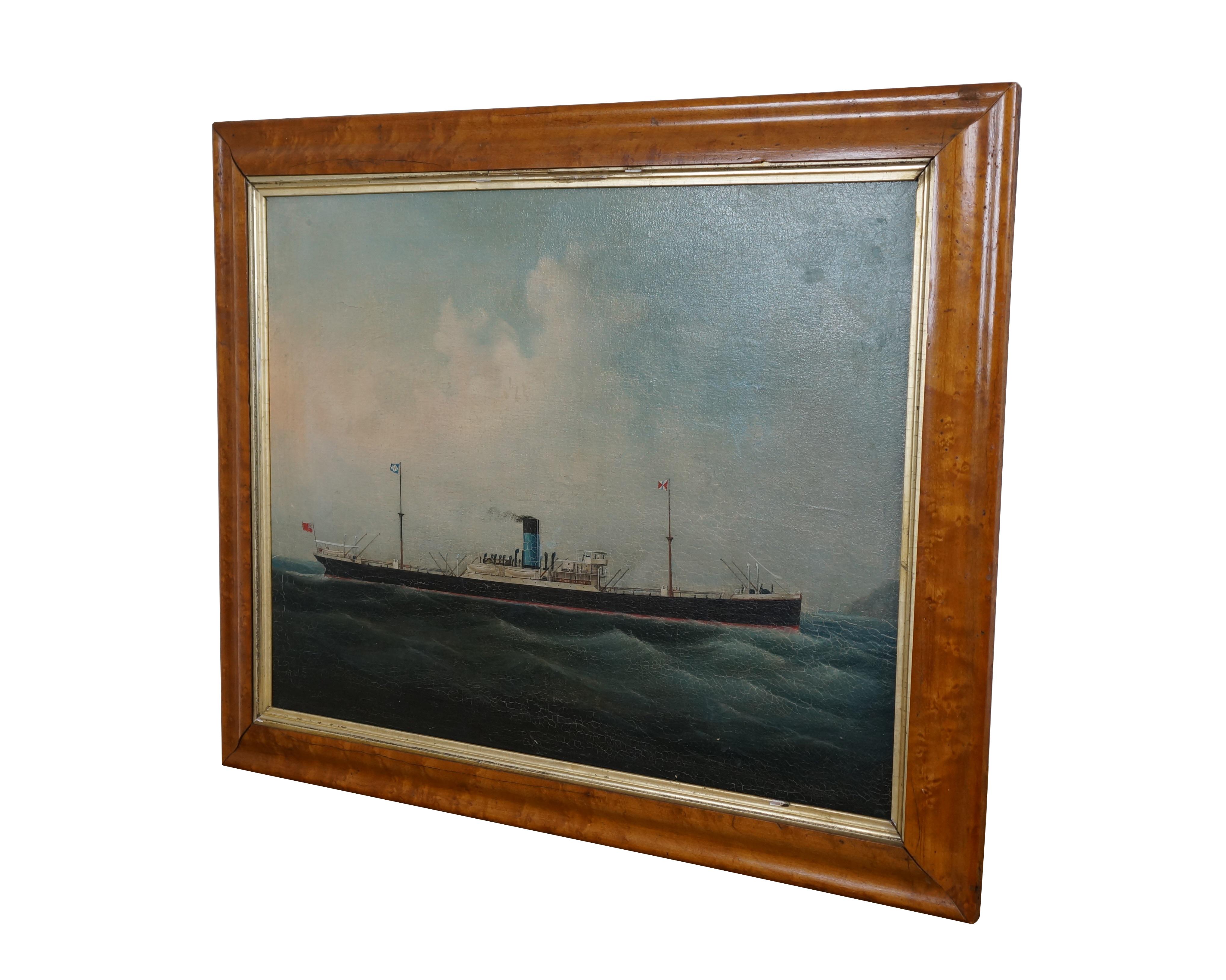 Antico dipinto nautico marittimo a olio su tela raffigurante una nave a vapore britannica in un mare agitato. Cornice smussata in acero birdseye con bordo interno dorato, senza tappetino.

Dimensioni:
27