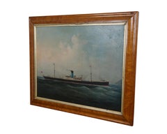 Antique Maritime British Steam Ship Seascape Pintura al óleo Birdseye Maple 27" (Arce)