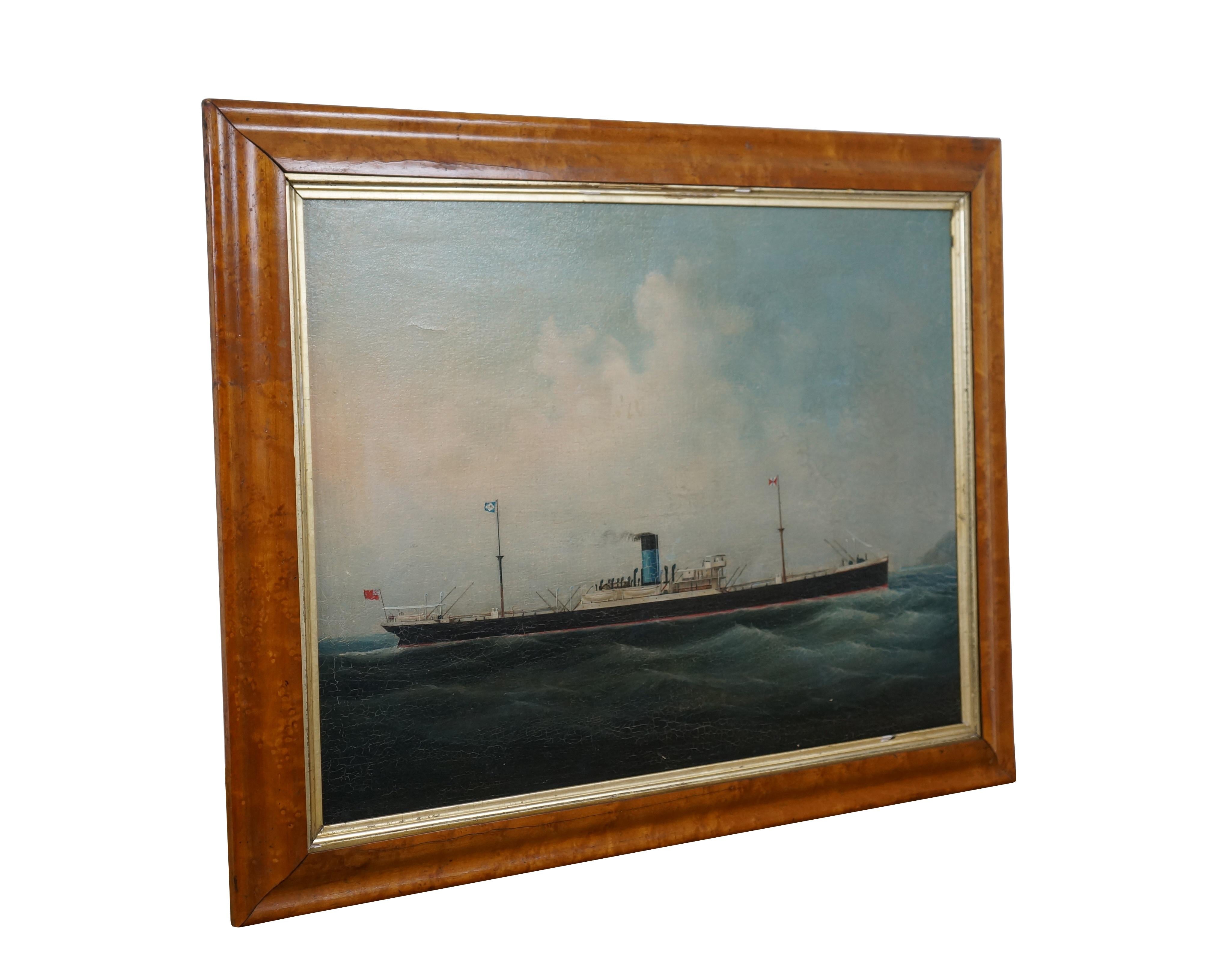 Coloniale americano Antique British Steam Ship Seascape Oil Painting Birdseye Maple 27