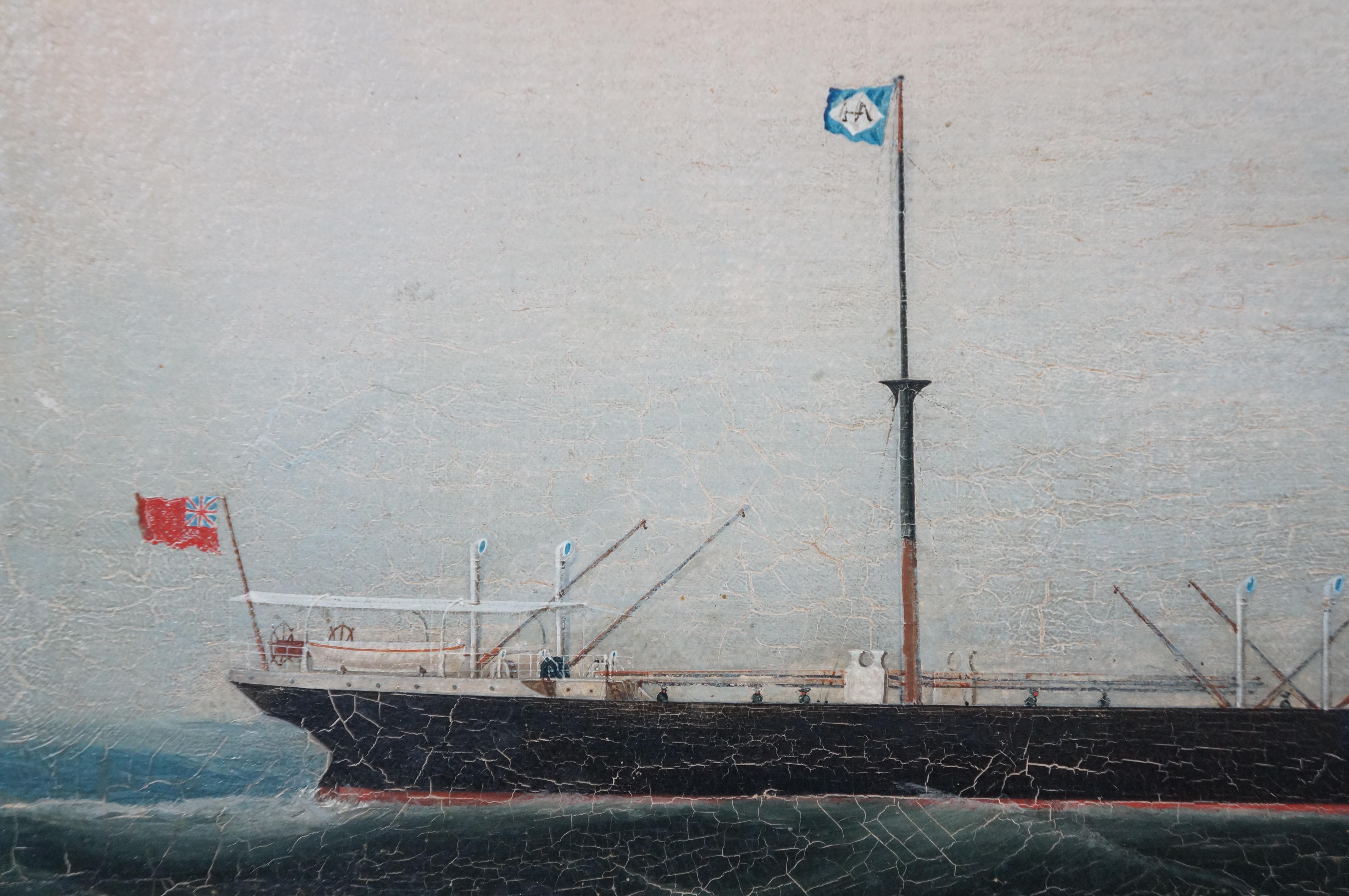 Antique British Steam Ship Seascape Oil Painting Birdseye Maple 27