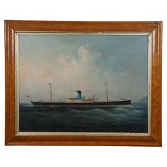 Antique British Steam Ship Seascape Oil Painting Birdseye Maple 27"