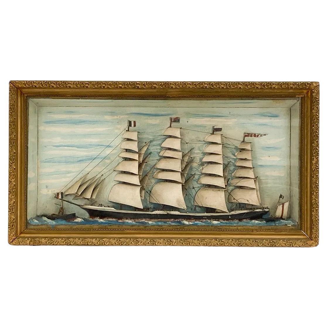 Antique Maritime Diorama of a Four-Masted Clipper Ship  c. 1880–1910