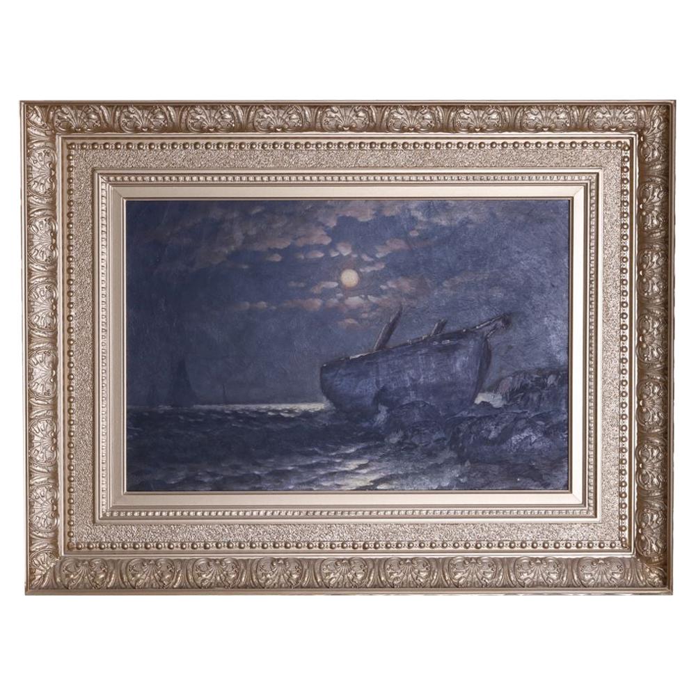 Antique Maritime Moonlit Shipwreck Oil on Canvas Painting by G.W. Waters