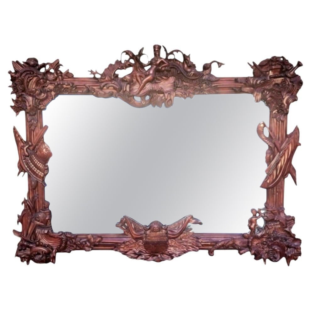 Antique Maritime Nautical Scenic Folk Art Carved Mahogany Miroir de manteau en vente