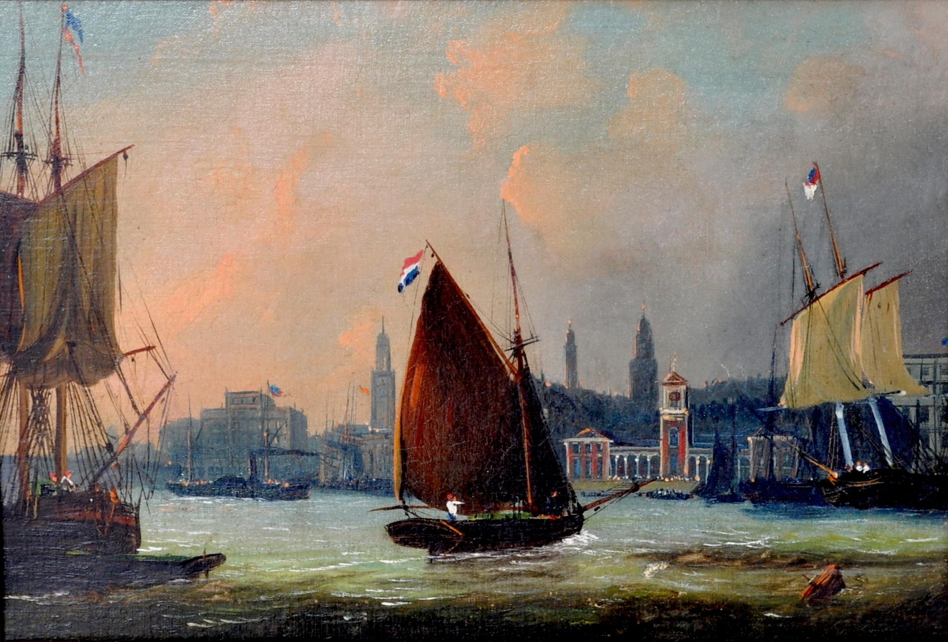 Antique maritime oil on canvas painting by Frederick Calvert (1785-1845). A good maritime painting by Calvert depicting sailing ships in an estuary, possibly a view of Greenwich from the Thames, circa 1830. Housed in the original gilded composition