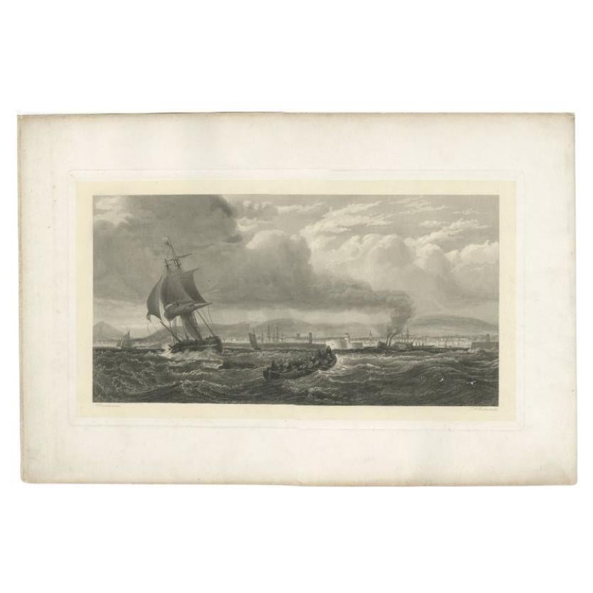 Antiguo grabado marítimo con barcos en la vista de un puerto, hacia 1860